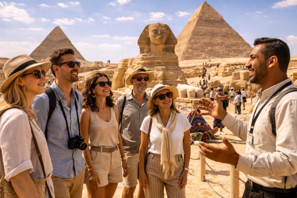 Tourists exploring the Pyramids of Giza - Туры в Египет: как выбрать подходящий пакет отдыха Tourists exploring the Pyramids of Giza